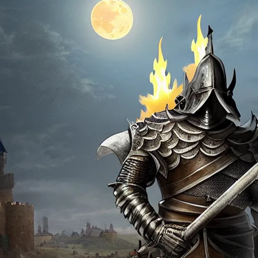 Prompt: A knight from Dark Souls, fighting a fire breathing PopTart, on top of a castle, under a full moon