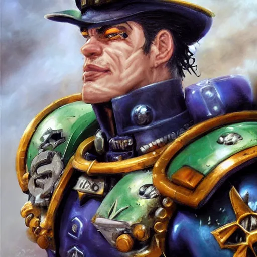 Prompt: Jotaro Kujo as a space marine Primarch, warhammer 40k, closeup character portrait art by Donato Giancola, Craig Mullins, digital art, trending on artstation