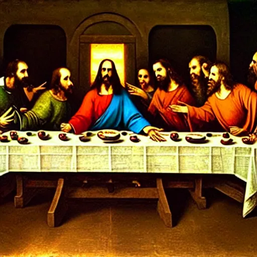 Prompt: the vampires from the show What we do in the shadows in the painting of the last supper by Leonard Da Vinci , photograph, ultrarealistic