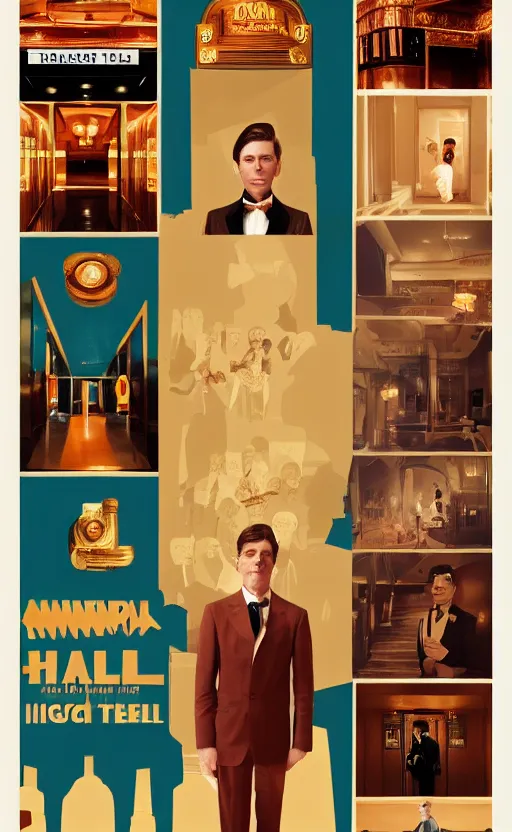 Image similar to film poster. a young man in a suit. the halls and foyer of a grand old art deco hotel. the hotel's eclectic guests. film poster. wes anderson. golden light. collage. photorealistic. trending on artstation. textless.