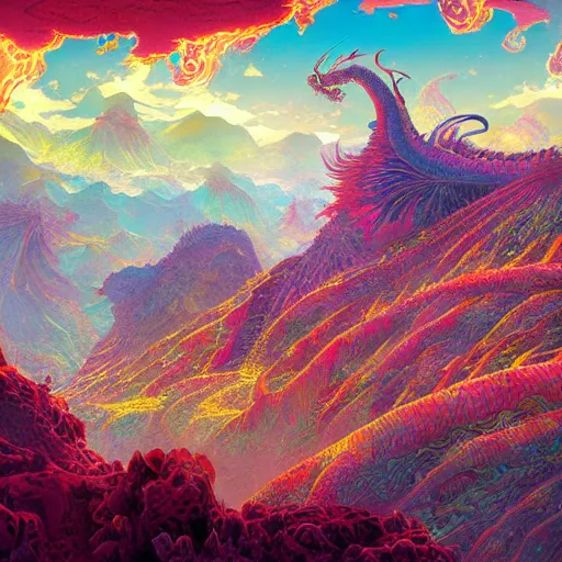 Prompt: psychedelic concept art painting of a dragon landscape made of thousands of dragons, realistic, detailed, cel shaded, in the style of makoto shinkai and moebius and peter mohrbacher and anton fadeev