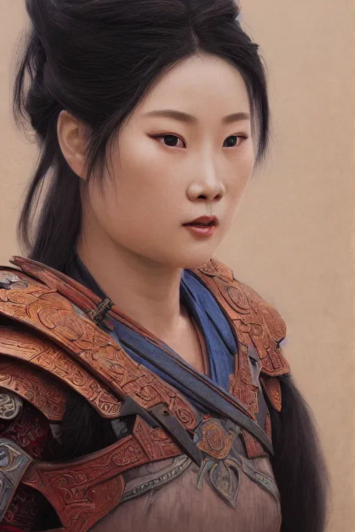 Image similar to realistic detailed painting of Mulan, big eyes, wearing sculpted textured armor, battle damage, intricate complexity, close-up of the front of the face, resolute expression, back lighting, 4K resolution, symmetric, clear facial features, by Ruan Jia and Mandy Jurgens and William-Adolphe Bouguereau, Karol Bak, smooth, sharp focus, Unreal Engine 5, digital render, intricate, ultra realistic, concept art,