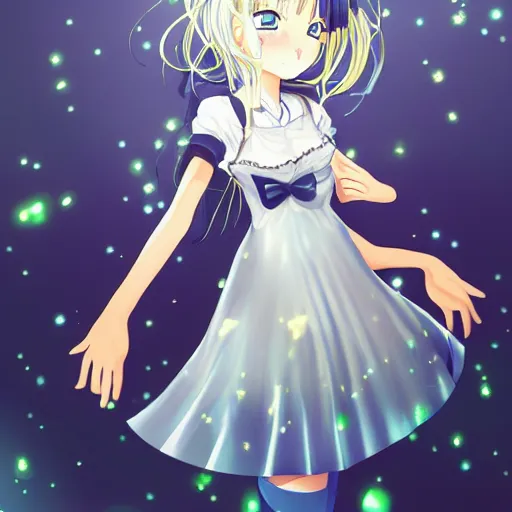 Image similar to beautiful illustration of anime maid, stunning and rich detail, pretty face and eyes. Full-body shot, upper body. Lights, lens flares