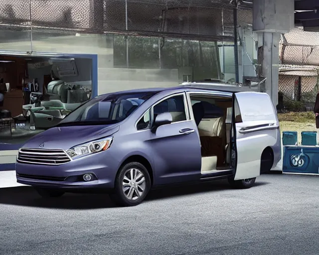 Prompt: tv commercial still, the most practical minivan in america, caption 'new low price, blarg fargle', cdx