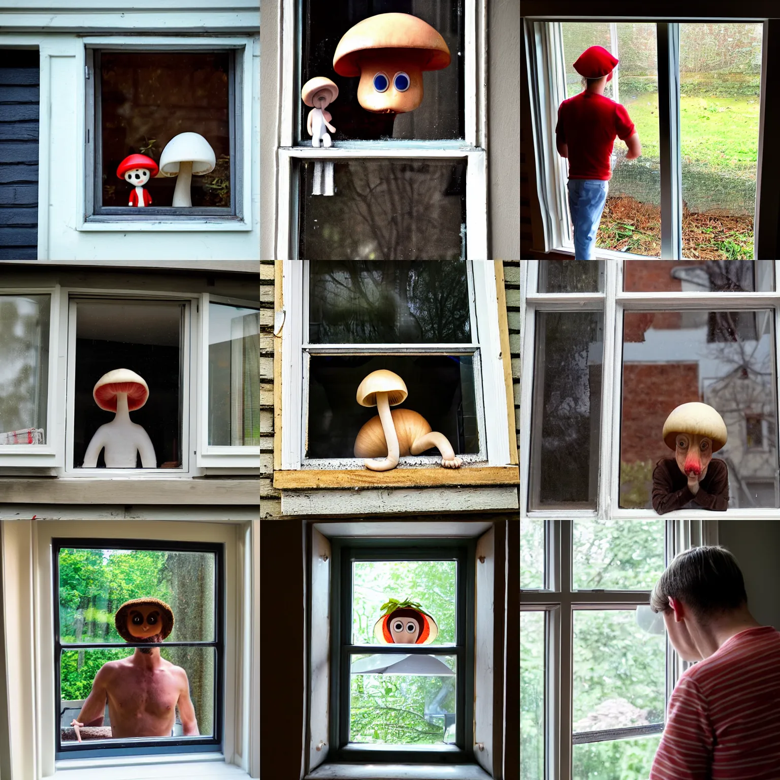 Prompt: mushroom man peering in the kitchen window