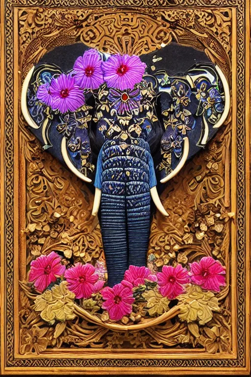 Image similar to Painted dark-wood panel relief carving of a Flowerpunk Matriarch Elephant, ornate border frame, explosion of colorful flowers, dark wood, intricately carved, black ink, festival of rich colors, intricate details, cinematic lighting, volumetric lighting, post-processing, by andreas rocha and john howe, and Martin Johnson Heade, featured on artstation, featured on behance, golden ratio, hyper detailed, photorealistic, epic composition, center spotlight, f32, well composed, UE5, 8k