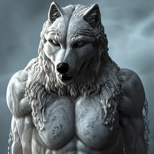 Prompt: a delicate marble sculpture dramatic portrait of a werewolf covered with water veil, highly detailed marble cloth, gi, global illumination, physically based rendering, photorealistic, top light, dark background