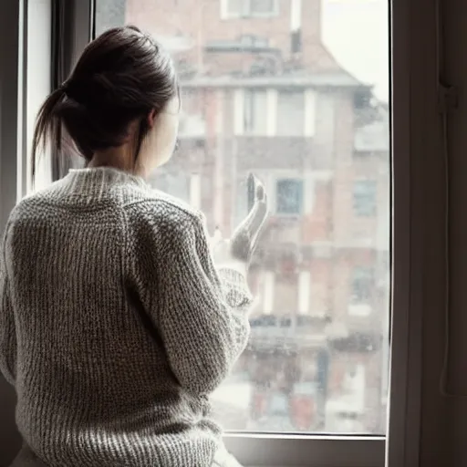 Image similar to a woman sitting on a window sill looking out the window, grey sweater, a stock photo by chen jiru, tumblr, aestheticism, movie still, pretty, pixiv