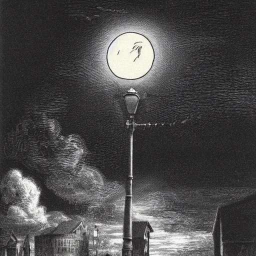 Prompt: pig in a tuxedo, illustration by Gustave Doré, moon, clouds, street lamp, high detail, eerie, street lamp, barn, creepy, dark, night, misty, moon, chiaroscuro, film noir
