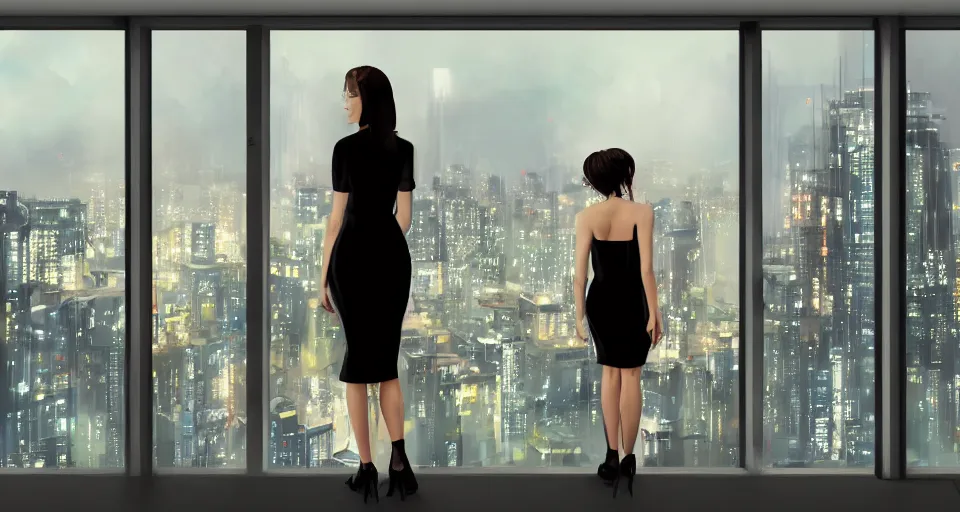 Prompt: back of woman wearing stylish black minidress looking out a penthouse window at a panoramic view of a cyberpunk city at night, bokeh lights, artstation trending, matte painting, concept art