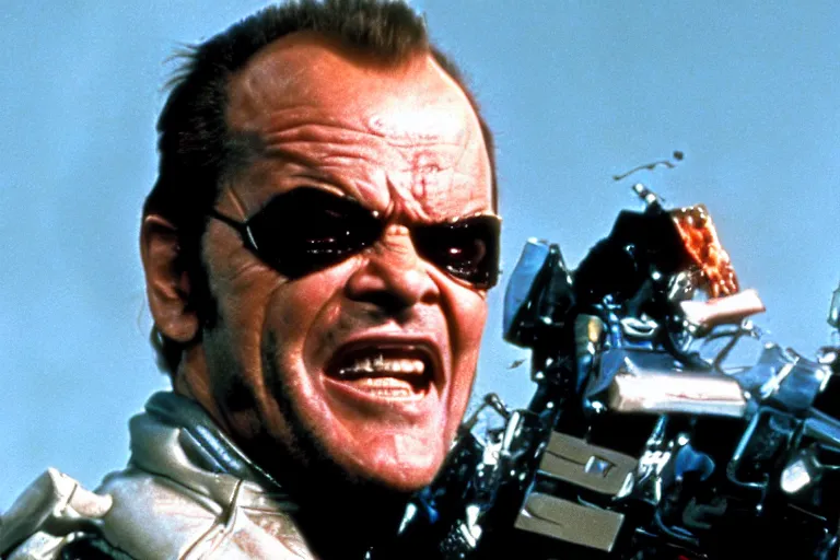 Image similar to Jack Nicholson plays Terminator, action scene where he destroys Skynet, still from the film