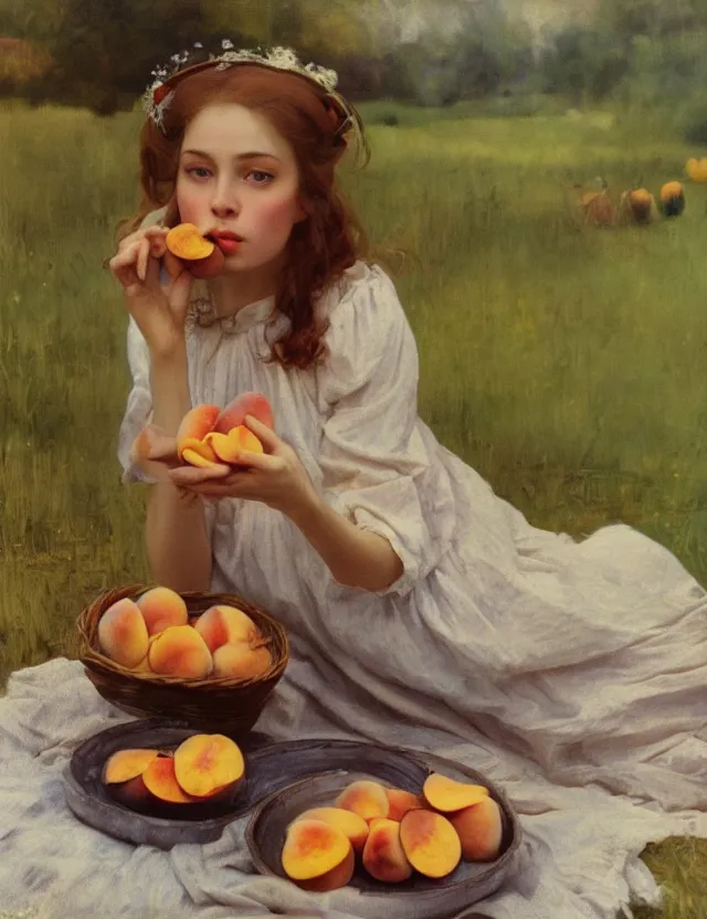 Prompt: peasant girl eating peaches, portrait, lolita style, Cottage core, Cinematic focus, Polaroid photo, vintage, neutral colors, soft lights, foggy, by Steve Hanks, by Serov Valentin, by Andrei Tarkovsky, by Terrence Malick, 8k render, detailed, oil on canvas