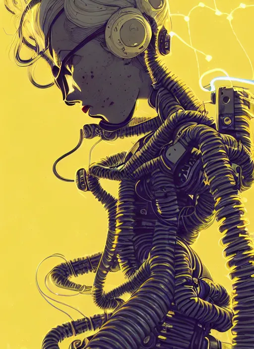 Image similar to highly detailed portrait of wasteland punk long curly bright yellow and white plasma electricity hair tribal lady, stray electric spark wiring by atey ghailan, james gilleard, by joe fenton, by greg rutkowski, by greg tocchini, by kaethe butcher, 4 k resolution, gradient yellow, black and white color scheme!!! ( ( lightning cloudy robotic dystopian city background ) )