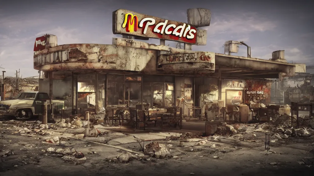 Prompt: post apocalyptic McDonalds::10, fallout, wasteland, octane render, 8k