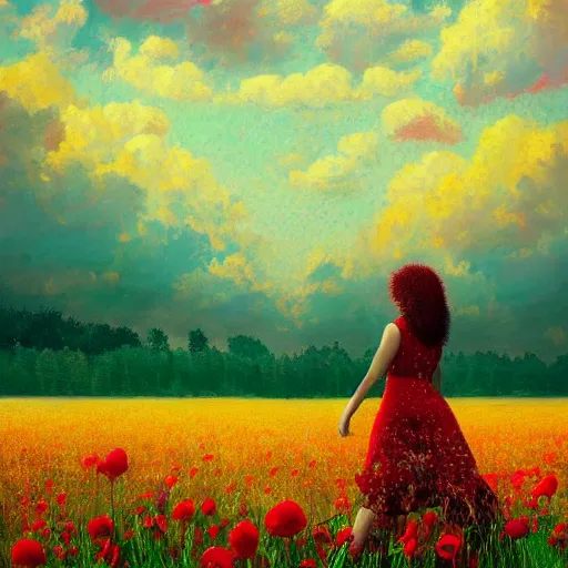 Prompt: large red flower afro, full body, girl walking in the middle of a field with flowers, surreal photography, hills, sunrise dramatic light, impressionist painting, colorful clouds, digital painting, pointillism, artstation, simon stalenhag