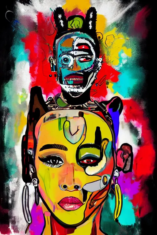 Image similar to cyborg doja cat in the style of jean michel basquiat