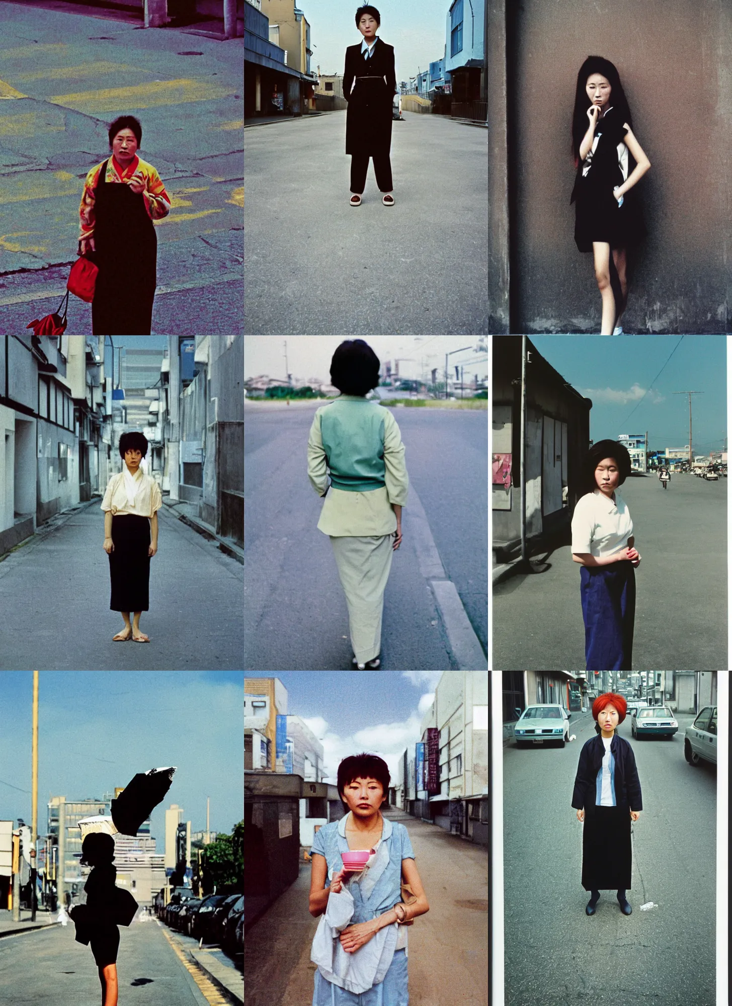 Prompt: color photography portrait of a woman on the street, full body, sky, 1 9 9 0 japanese photograph magazine.