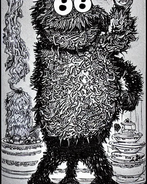 Image similar to an illustration of Cookie Monster, full body, pen-and-ink illustration, etching, by Russ Nicholson, DAvid A Trampier, larry elmore, 1981, HQ scan, intricate details