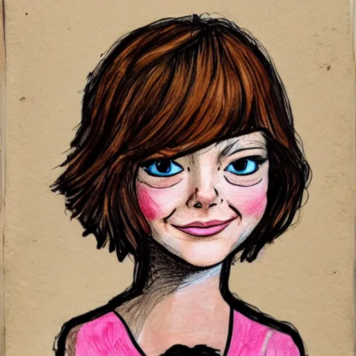 Image similar to childrens drawing of emma stone with owls,