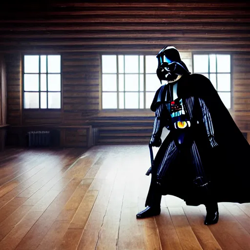 Image similar to a photo of darth vader mopping the wooden floor