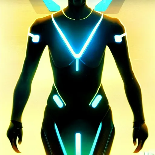 Prompt: tron legacy angel, diffuse lighting, hyper realistic, concept art, intricate, hyper detailed, smooth, sharp focus, illustration, trending on artstation, art by greg rutkowski and james gurney and alphonse mucha