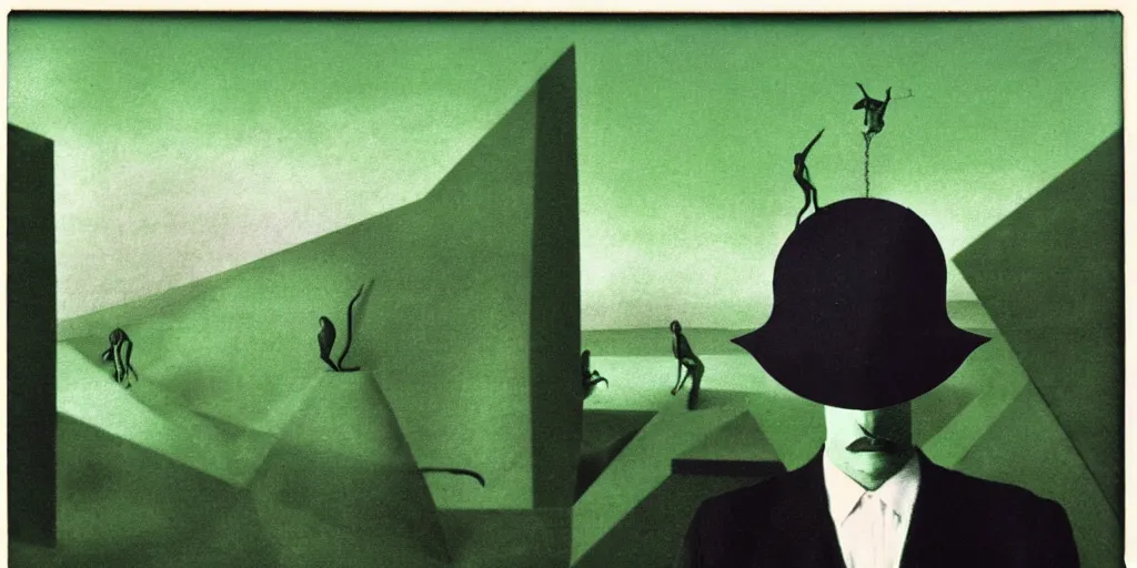 Image similar to grey, green salvador dali. magritte. hazy polaroid collage. black pyramids