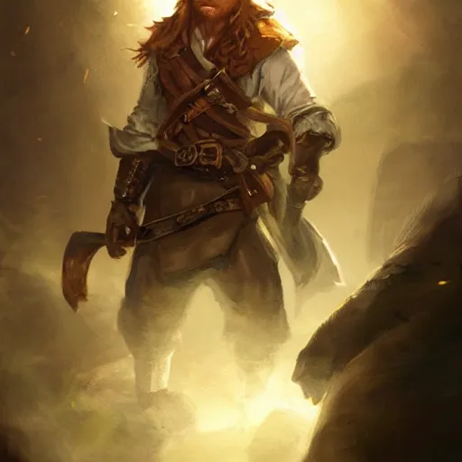 Image similar to handsome charming ginger rogue, long pointed ears, tricorne pirate captain hat, naval background, D&D, fantasy, portrait, cinematic lighting, highly detailed, digital painting, artstation, concept art, smooth, sharp focus, illustration, volumetric lighting, great composition, 8k, art by Greg Rutkowski