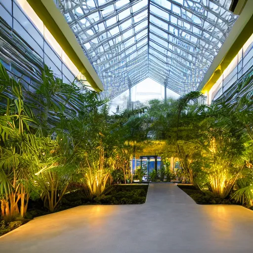 Prompt: The atrium of a refurbished contemporary building filled with tropical plants, project by Kengo Kuma, blue hour, 4k,