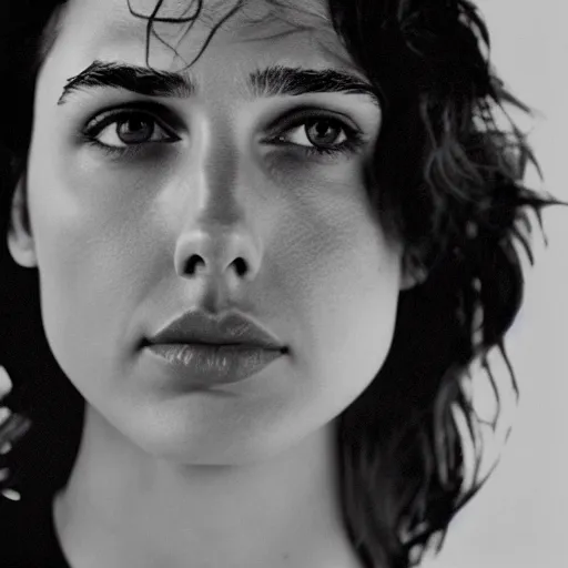 Prompt: photo of Gal Gadot by Diane Arbus, extreme closeup, black and white, high contrast, Rolleiflex, 55mm f/4 lens