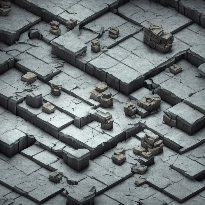 Image similar to isometric view of a dimly lit dungeon, broken tiles and debris, a 3 d render by paul kelpe, cgsociety contest winner, volumetric lighting, cinematic lighting, isometric