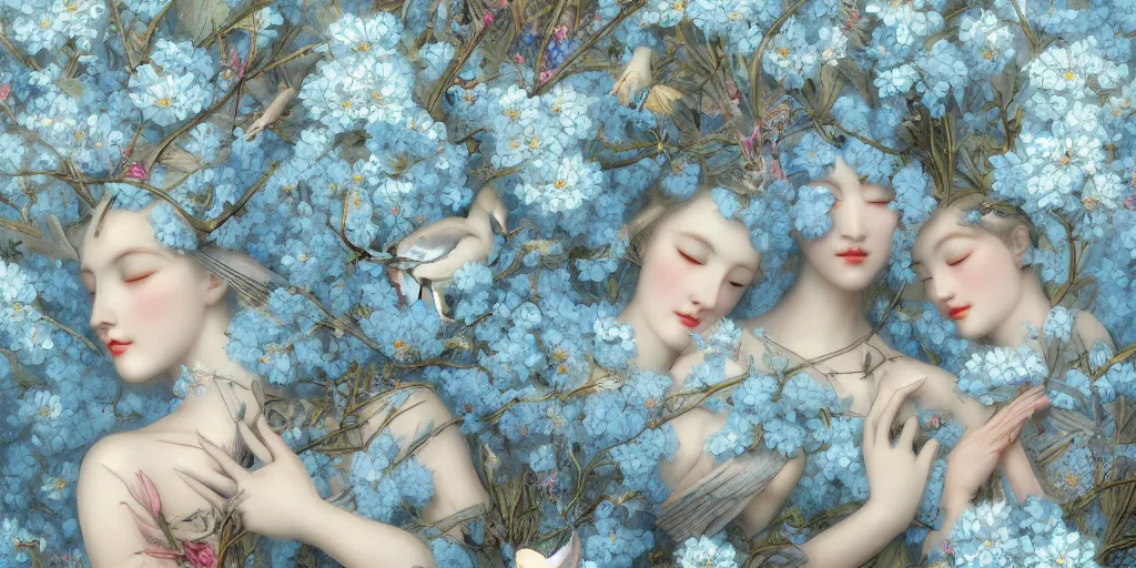 Image similar to breathtaking detailed concept art painting art deco pattern of blonde faces goddesses amalmation light - blue flowers with anxious piercing eyes and blend of flowers and birds, by hsiao - ron cheng and john james audubon, bizarre compositions, exquisite detail, extremely moody lighting, 8 k