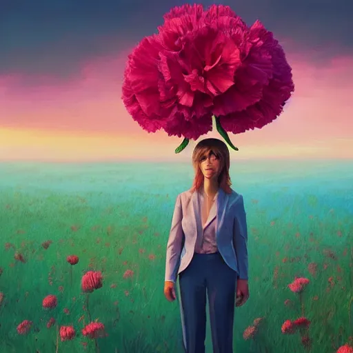 Image similar to giant carnation flower head, frontal, girl in a suit, surreal photography, sunrise, dramatic light, impressionist painting, digital painting, artstation, simon stalenhag