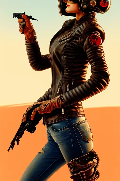 Image similar to a ultradetailed beautiful panting of post apocalyptic woman with motorbike in leather jacket with helmet in front of burning desert, anatomically correct, pretty face, high detailed face, by ilya kuvshinov, greg rutkowski and makoto shinkai, trending on artstation