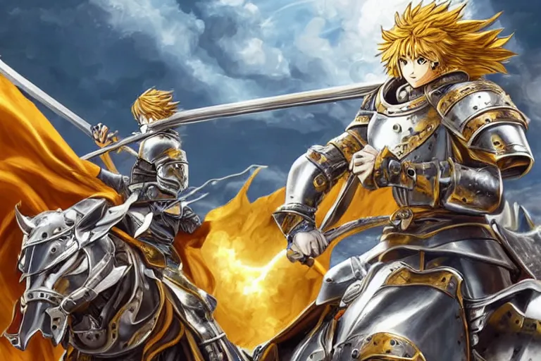 Image similar to an ultra detailed portrait of king richard the lionhearted as a paladin shonen anime protagonist charging into battle wearing bright gold armor and riding a horse blessed by god, epic anime fantasy, 8 k, volumetric lighting, smooth, highly detailed, digital illustration, art by kentaro miura and akira toriyama and artgerm