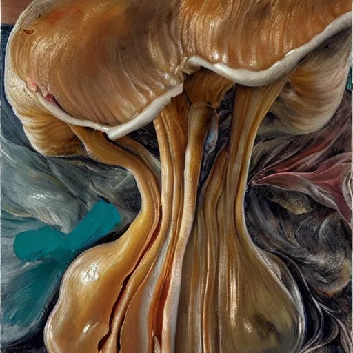 Image similar to high quality high detail painting by lucian freud and jenny saville, hd, fungi growth, turquoise