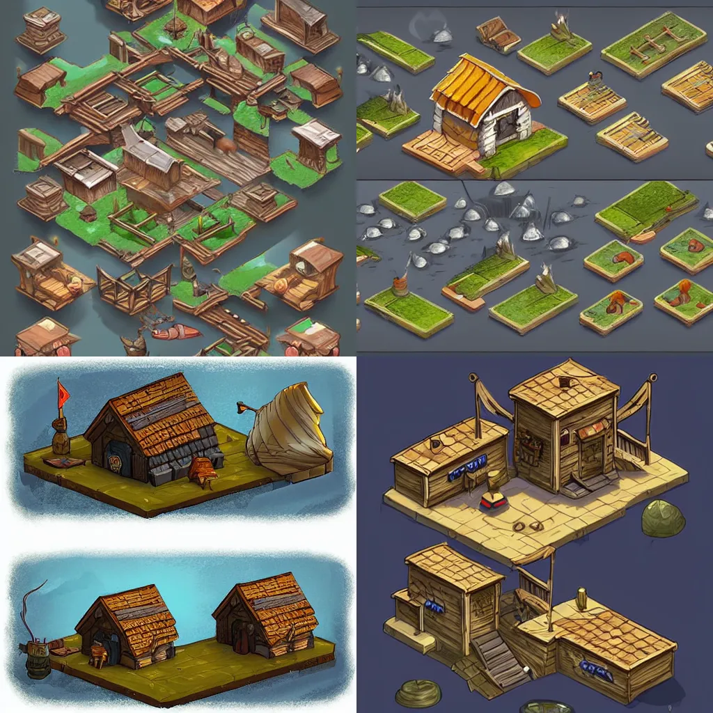 Prompt: #Digital 2D #Concept Art #Game Art #Architectural Concepts #concept #isometric #tavern #building #fish #house #game art #viking
