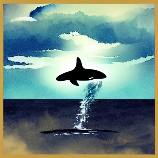 Prompt: “An orca jumping out of a sea of clouds” as digital art, watercolor, and pixel ar