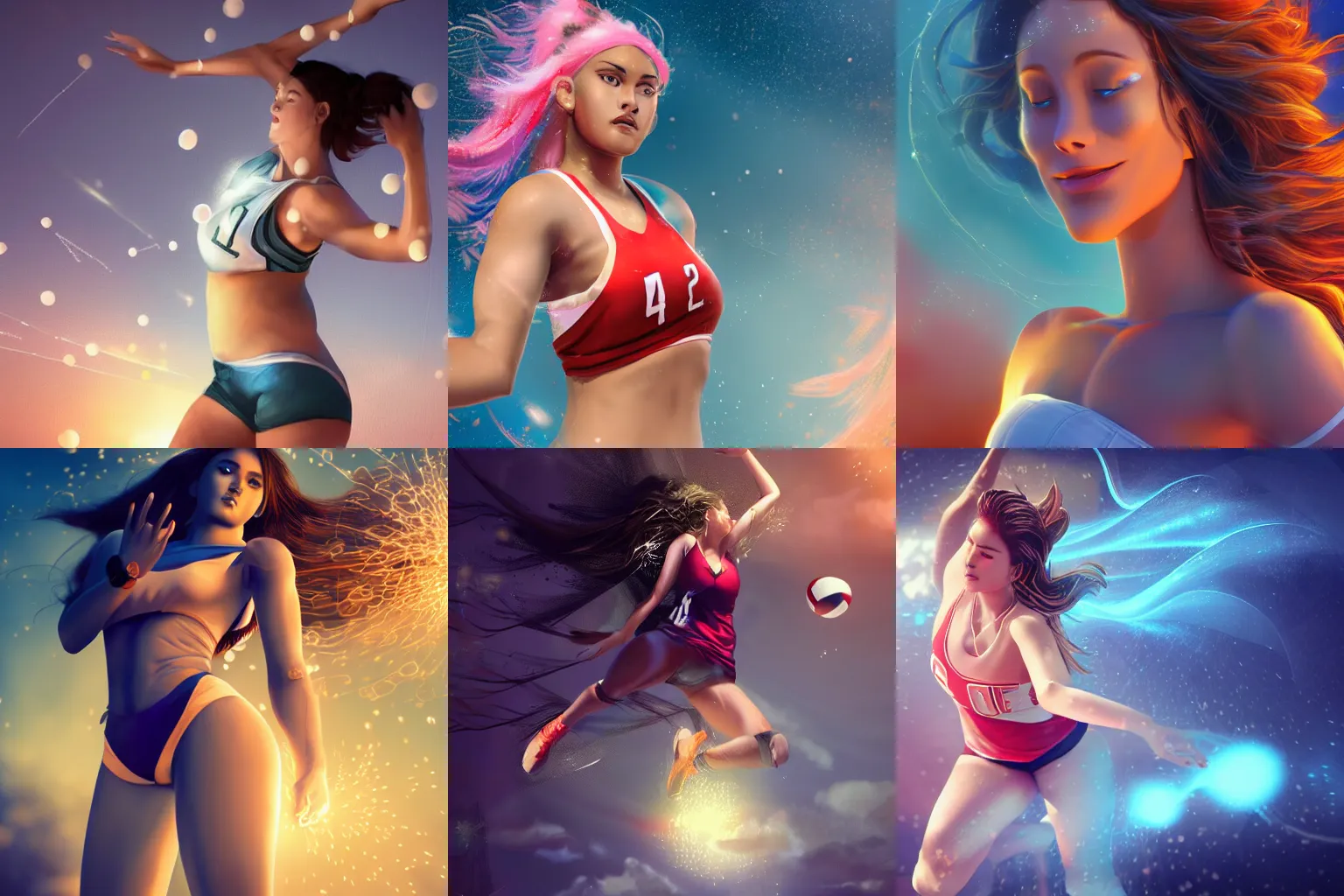 Prompt: a beautiful female goddess of the volleyball character, character is in all its glory, character is in her natural relaxed pose, rim lights, particles and dust in the air, fancy clouds, highly detailed professional photo, dynamic lights, particles are flying, depth of field, trending on artstation, professional illustration, hyper realistic, vray caustics, super detailed, colorful accents, cinematic shot