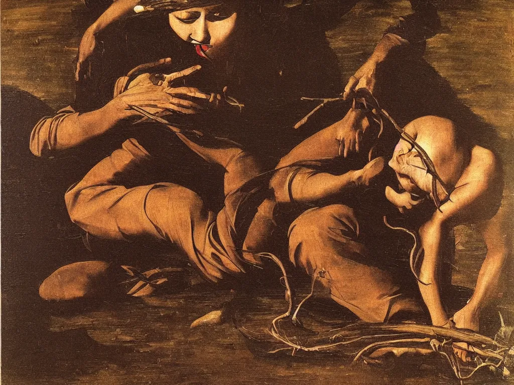 Image similar to Portrait of a haunted lotus-eater at night shoulder deep in the mud. Painting by Caravaggio.