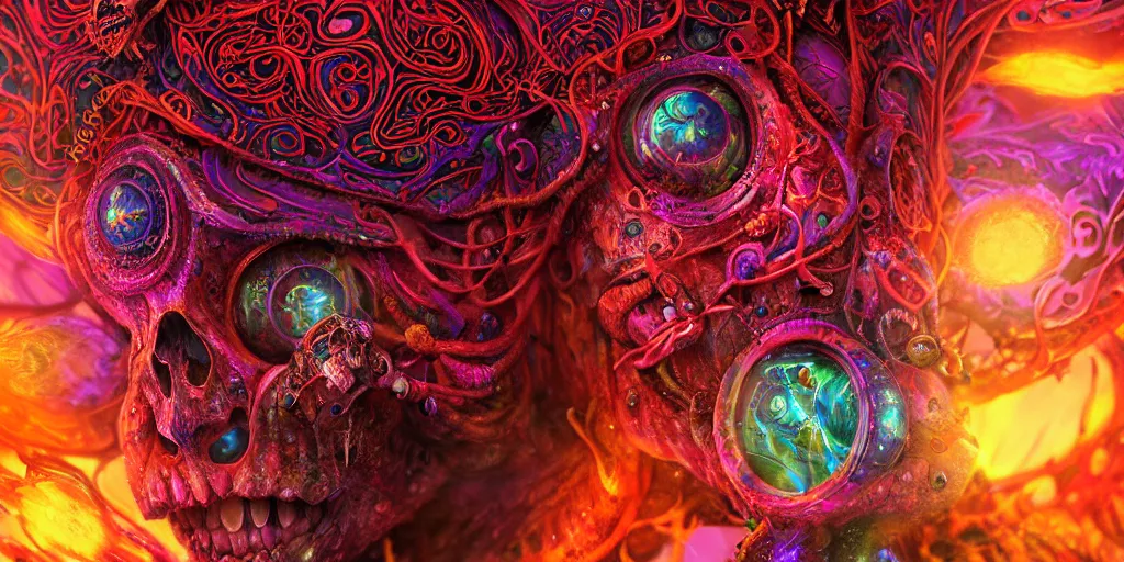 Image similar to psychedelic shaman close-up portrait. amanita muscaria phoenix head, nautilus, insect, skull, ice and fire, bioluminiscent creatures, intricate artwork by Tooth Wu and wlop and beeple. octane render, trending on artstation, greg rutkowski very coherent symmetrical artwork. cinematic, hyper realism, high detail, octane render, 8k