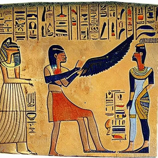 Prompt: egyptian hieroglyph women with a bird flying