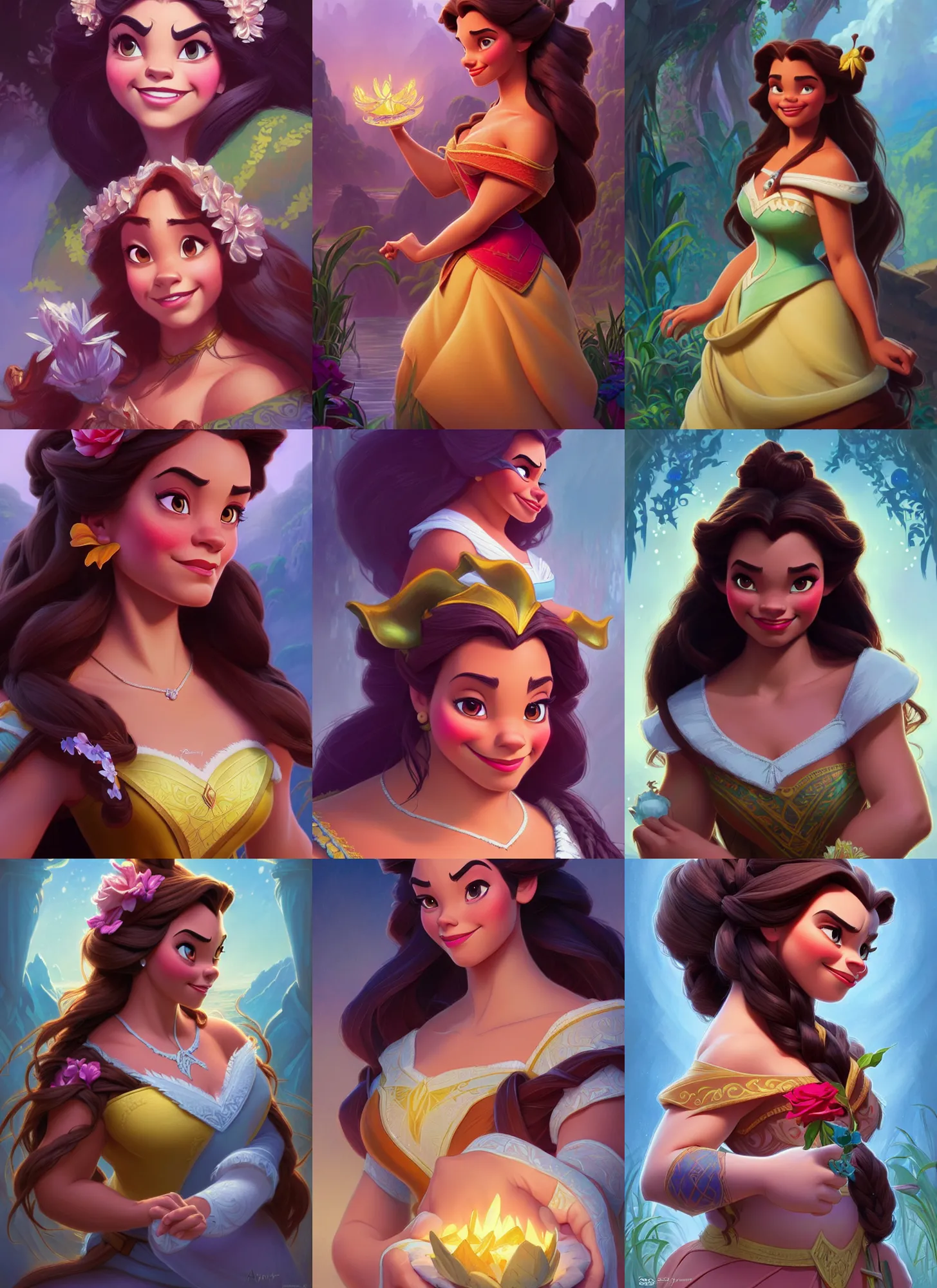 Prompt: characters from disney's beauty and the beast mixed with moana, d & d, fantasy, intricate, elegant, highly detailed, digital painting, artstation, concept art, matte, sharp focus, illustration, hearthstone, art by artgerm and greg rutkowski and alphonse mucha