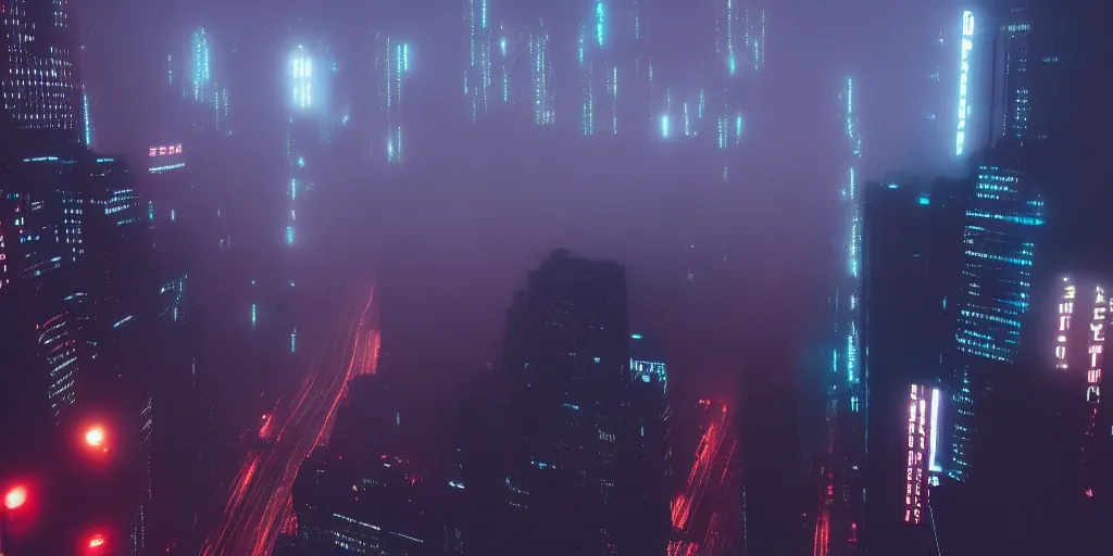 Image similar to megacity streets seen from above, neon signs, giant screens, eerie fog, blade runner, ex machina