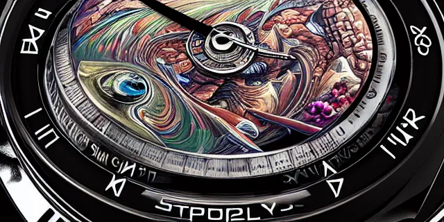 Image similar to painting hyperdetailed rolex watch face designed by dan seagrave and tomasz alen kopera and simon stahlenhag