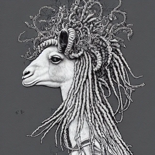 Image similar to llama with dreadlocks, by ernst haeckel, artgerm, james jean