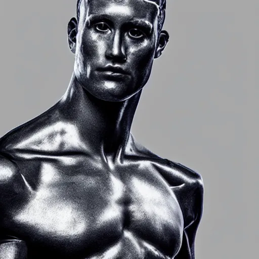 Image similar to “a realistic detailed photo of a guy who is an attractive humanoid who is half robot and half humanoid, who is a male android, baseball player Aaron Judge, shiny skin, posing like a statue, blank stare”