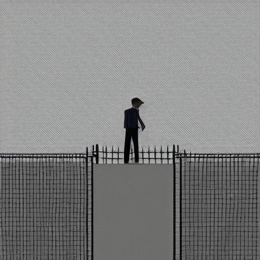 Prompt: a matte painting of a a man standing in front of a wire fence by emiliano ponzi, james gilleard, george ault, david hockney! dream a matte painting of a a man standing in front of a wire fence by emiliano ponzi, james gilleard, george ault, david hockney