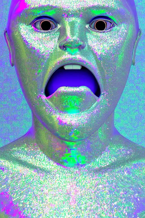 Image similar to 3d render of holographic angry human robotic screaming angry bust made of glossy iridescent, screaming, bust, surrealistic 3d illustration of a human non-binary, non binary model, 3d model human, cryengine, made of holographic texture, holographic material, holographic rainbow, concept of cyborg and artificial intelligence