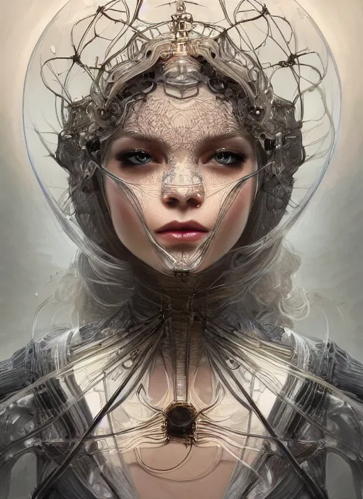 Prompt: symmetry! elsa jean, machine parts embedded into face, tubes and cables, intricate, elegant, highly detailed, digital painting, artstation, concept art, smooth, clockwork, sharp focus, illustration, art by artgerm and greg rutkowski and alphonse mucha, 8 k