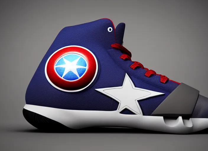 Prompt: basketball sneakers concept of captain america, octane render, smooth, sharp focus